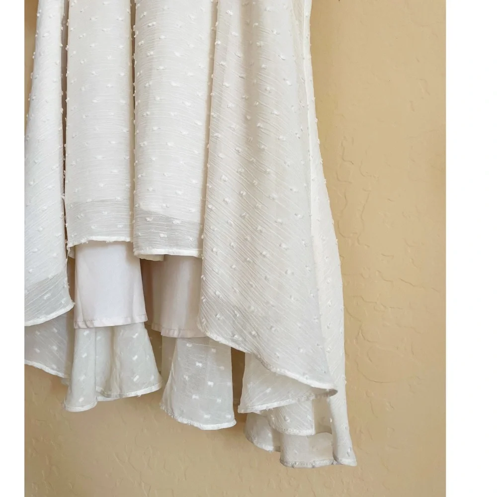 ASTR Ivory Cream Off White Swiss Dot Textured Ruched Ruffle Cut Out Midi Dress - Picture 9 of 17